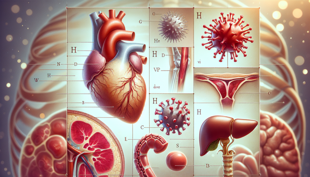 Illustration médicale réaliste des maladies en H : cœur pour mal. cardiaque, foie pour hépatite, virus herpès et articulation de la hanche pour dysplasie.